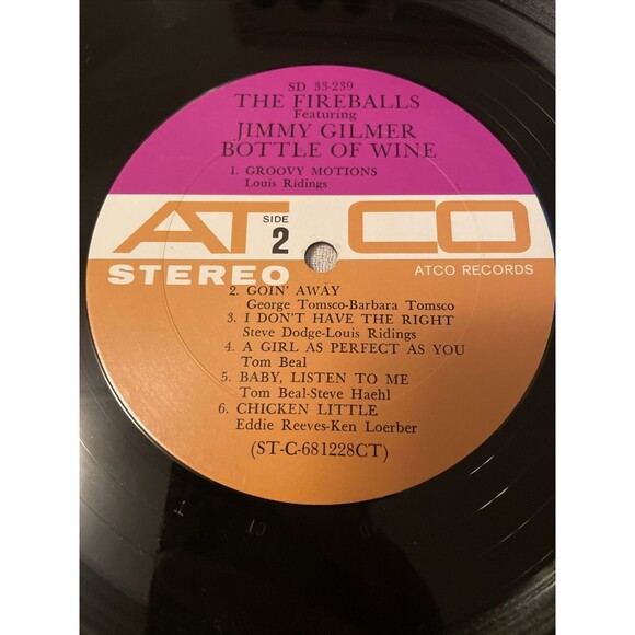 The Fireballs w/Jimmy Gilmer Bottle of Wine 33RPM ATCO Records 1968 Stereo - Picture 13 of 16